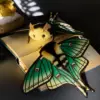 Pair of Spanish Moon Moth plush dolls sitting on a book — soft sculpture moth companions with charm